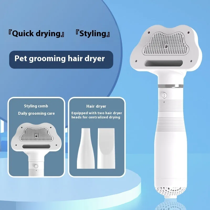 Three-in-one pet hair dryer with hot air one-click hair removal, pink and white, ABS material, 600W for dogs and cats