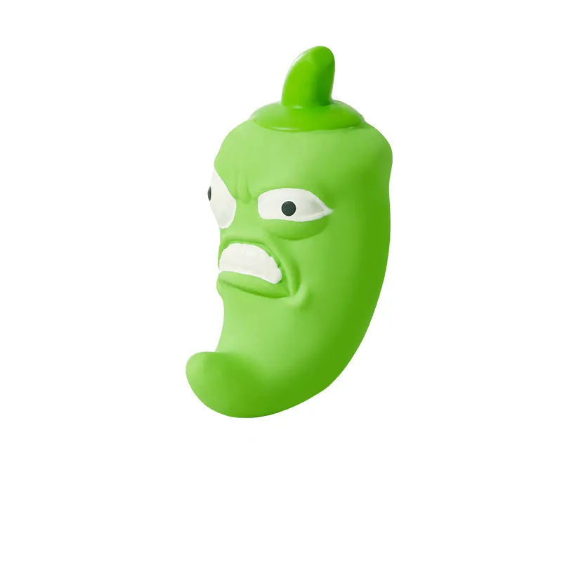 Bitter gourd or chili shaped dog chew toy with textured surface for teeth cleaning