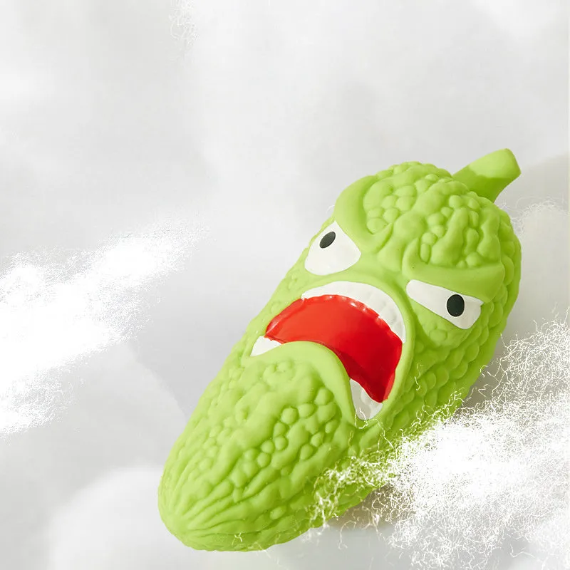 Bitter gourd or chili shaped dog chew toy with textured surface for teeth cleaning