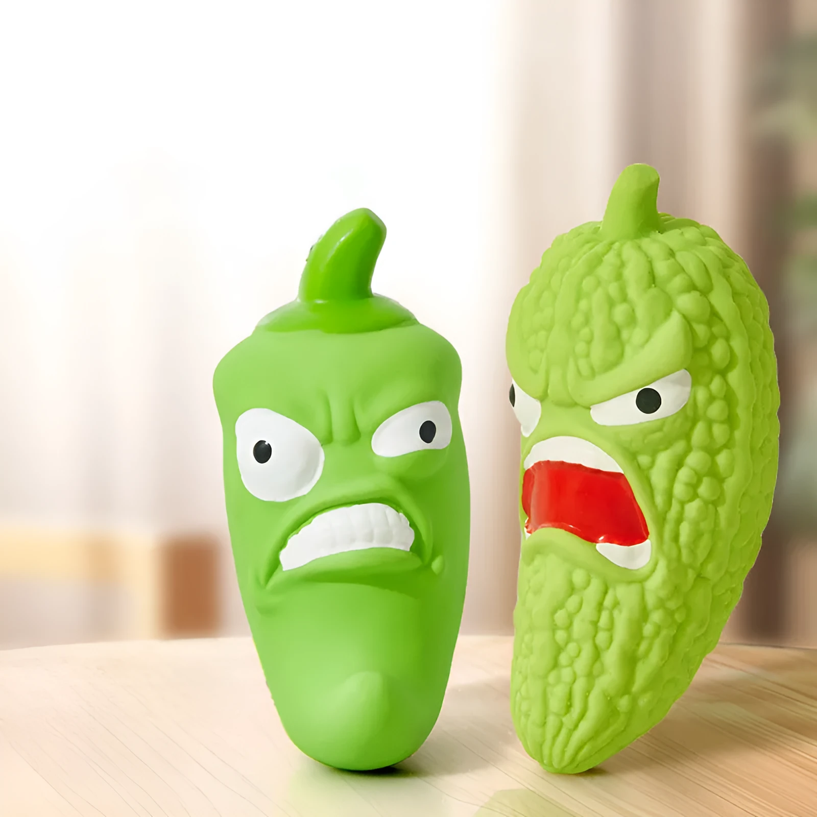 Bitter gourd or chili shaped dog chew toy with textured surface for teeth cleaning