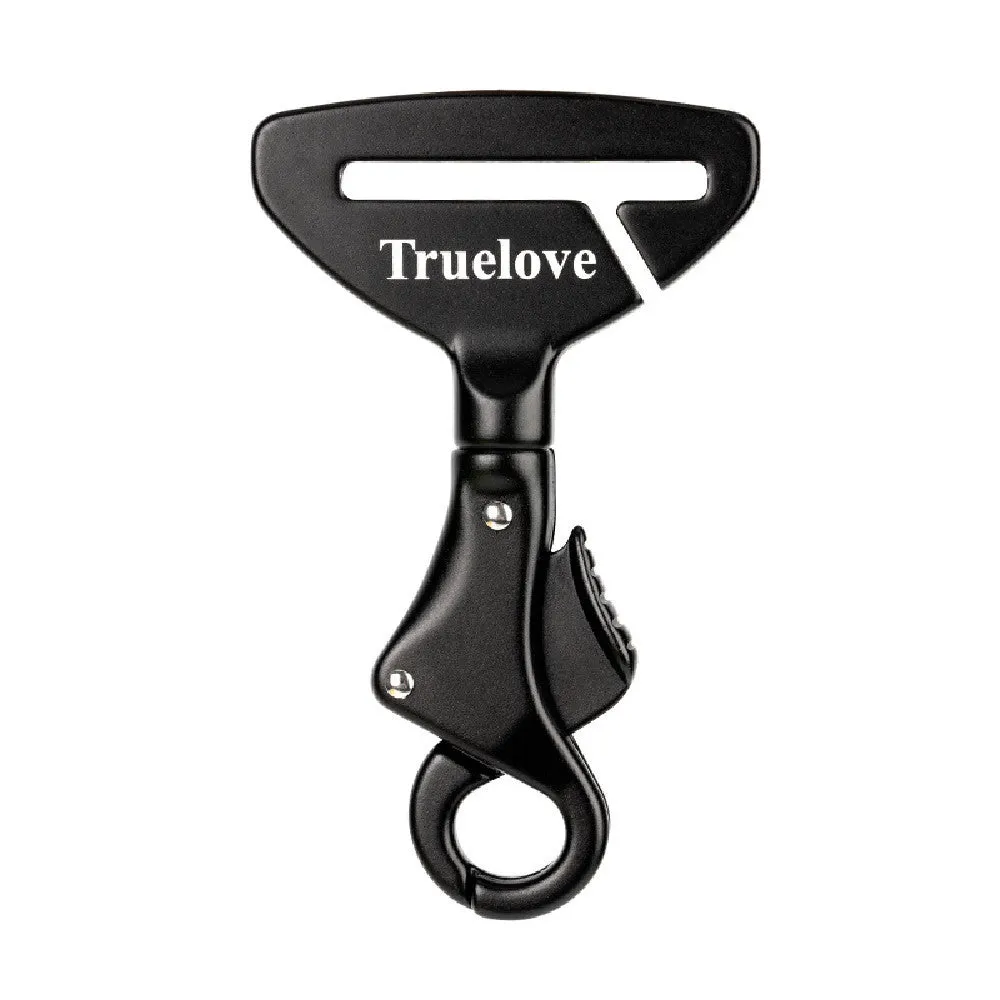 Pet safety buckle made of aluminium alloy, 12.5cm long and 7cm wide, shown in black colour