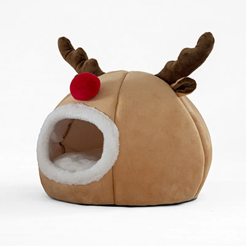 Camel coloured pet tent Christmas reindeer kennel with super soft short plush outer and Arctic fleece lining