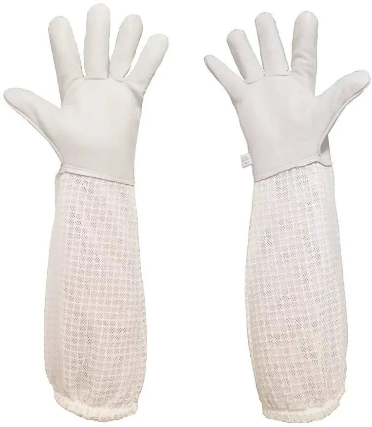 Three-layer breathable mesh sheepskin anti-bee gloves with cowhide and rubber reinforcement for beekeeping