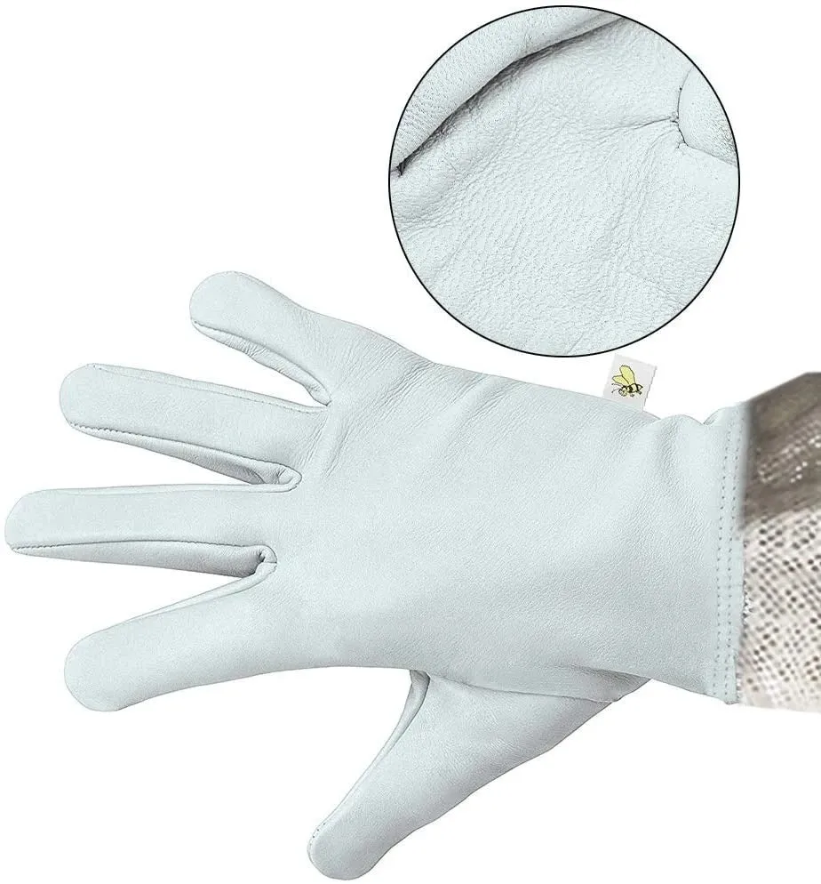 Three-layer breathable mesh sheepskin anti-bee gloves with cowhide and rubber reinforcement for beekeeping