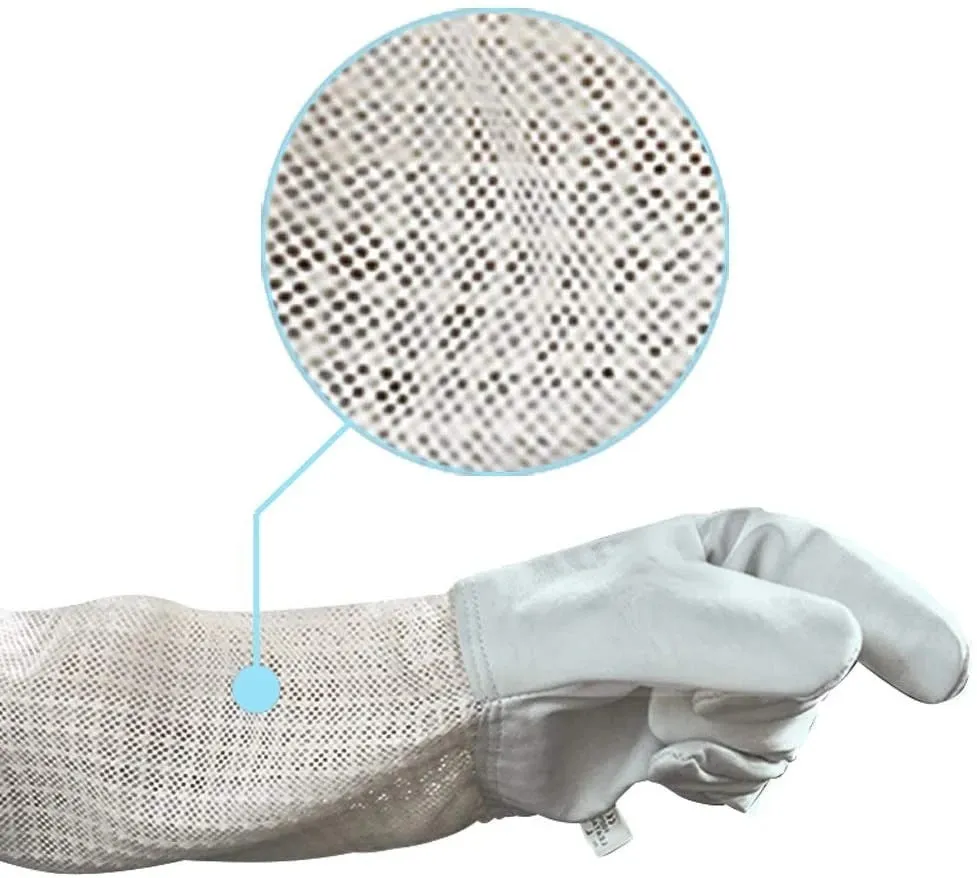 Three-layer breathable mesh sheepskin anti-bee gloves with cowhide and rubber reinforcement for beekeeping