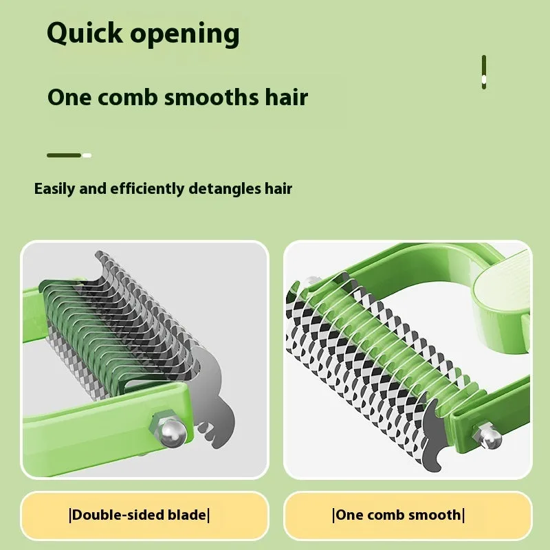 Green and grey dog de-matting combs in two sizes with stainless steel blades.