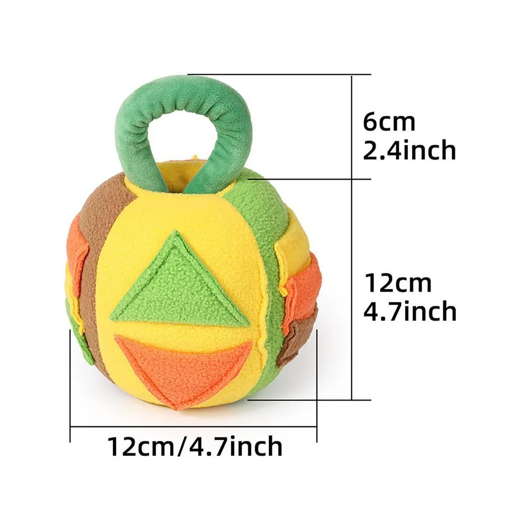 Green and pink plush squeaky ball dog toy with treat pockets on a white background