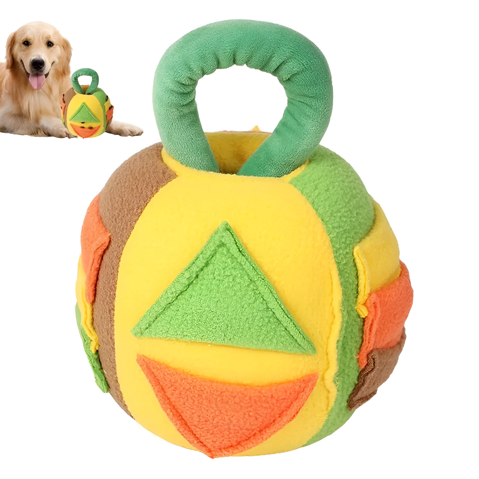 Green and pink plush squeaky ball dog toy with treat pockets on a white background