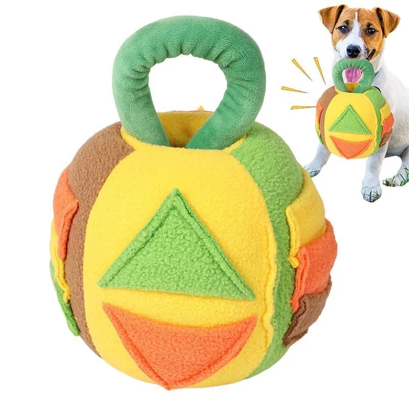 Green and pink plush squeaky ball dog toy with treat pockets on a white background