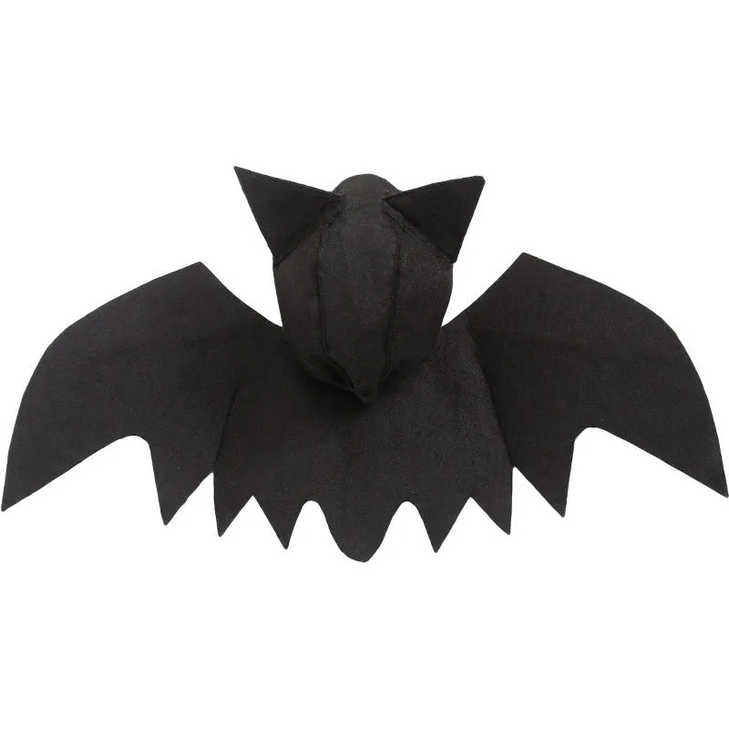 Black felt bat wing costume for cats and dogs with Velcro strap, size L shown on a pet