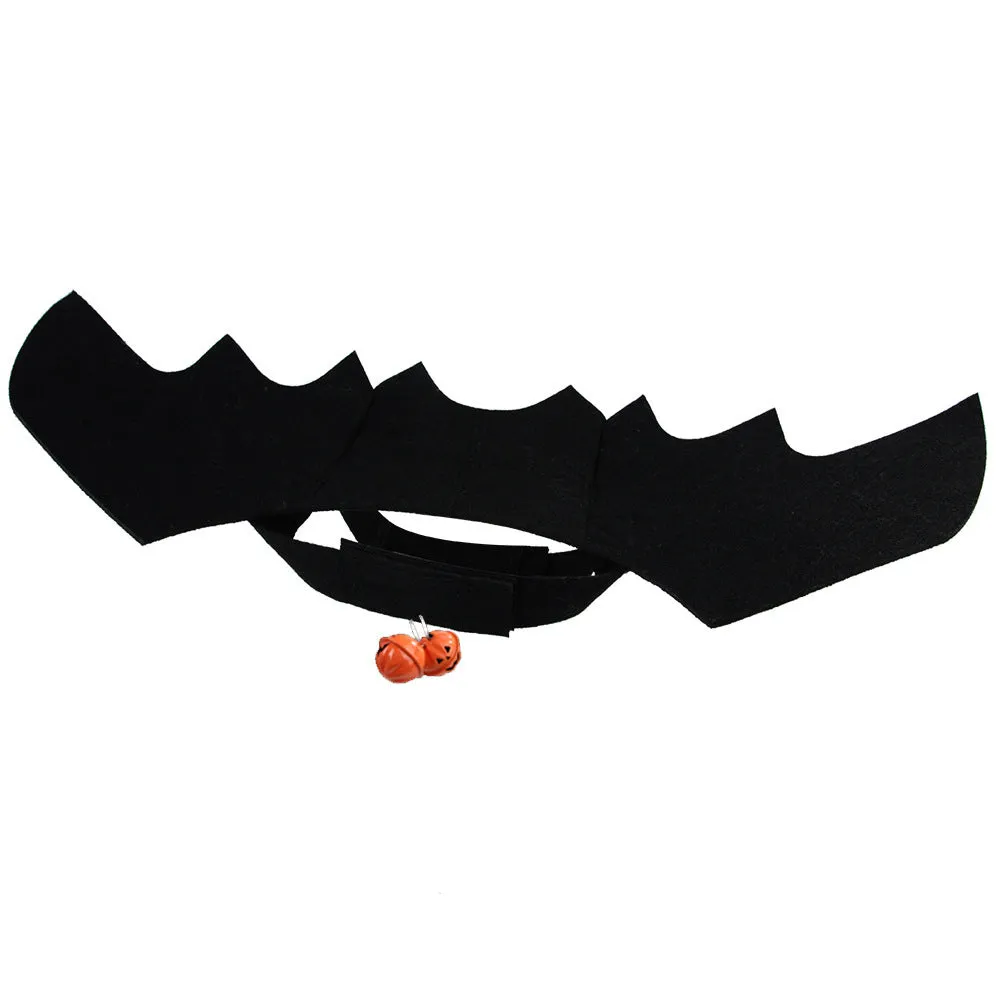 Black felt bat wing costume for cats and dogs with Velcro strap, size L shown on a pet