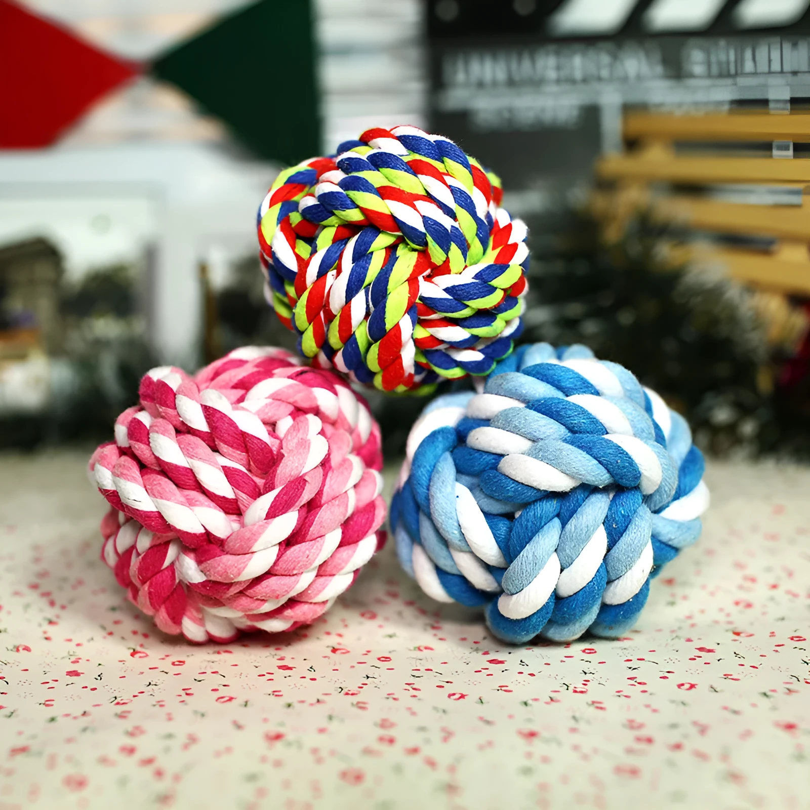 Hand-woven cotton rope ball dog toy, medium 7 cm diameter, blue multicolor pink options