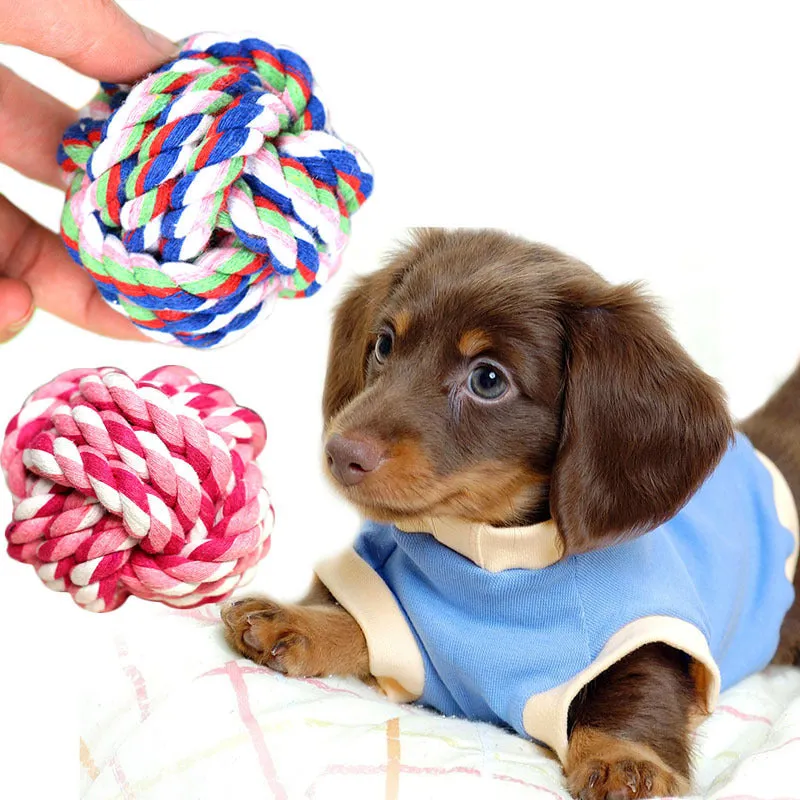 Hand-woven cotton rope ball dog toy, medium 7 cm diameter, blue multicolor pink options