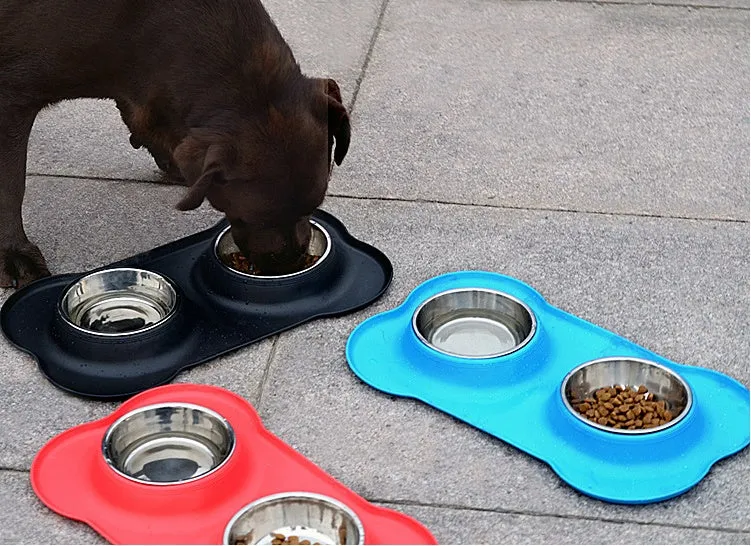 Bone silicone pet double bowl with stainless steel inner layer, non-slip base, 46x27x15cm in black