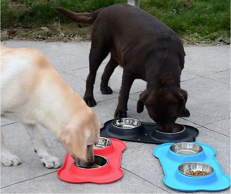 Bone silicone pet double bowl with stainless steel inner layer, non-slip base, 46x27x15cm in black