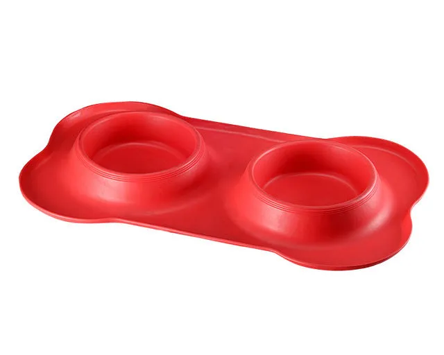Bone silicone pet double bowl with stainless steel inner layer, non-slip base, 46x27x15cm in black