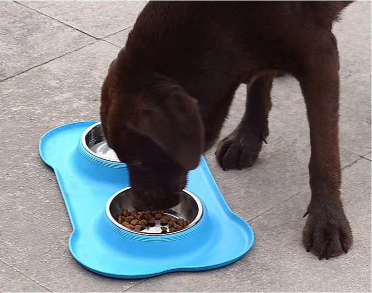 Bone silicone pet double bowl with stainless steel inner layer, non-slip base, 46x27x15cm in black