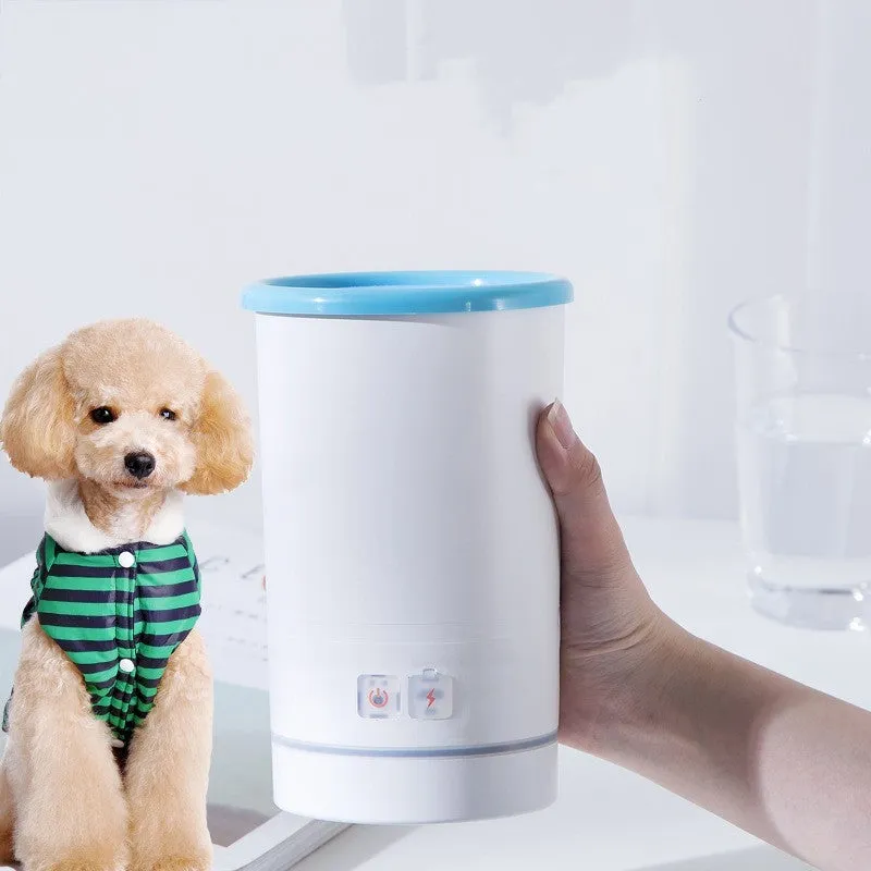Automatic Pet Foot Washing Cup with silicone brush, USB power, available in three sizes S M L, colour Black Blue and White Blue