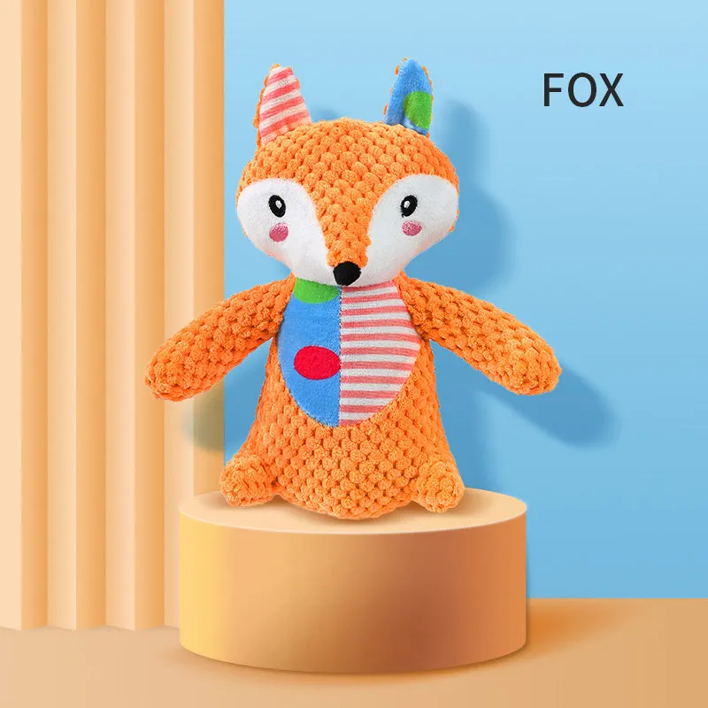 Interactive dog toy with long neck, plush material, and dual sounds