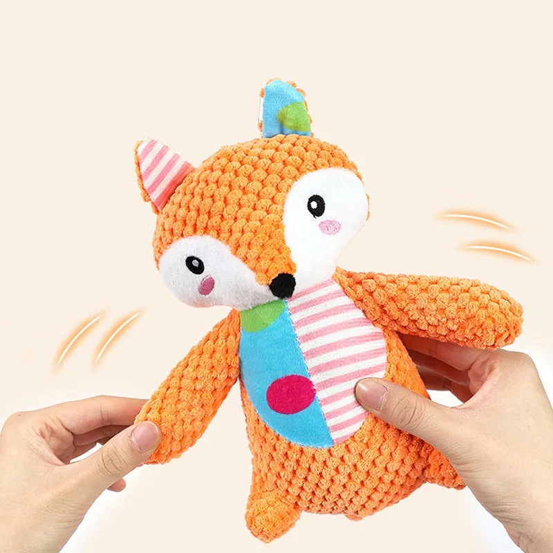 Interactive dog toy with long neck, plush material, and dual sounds