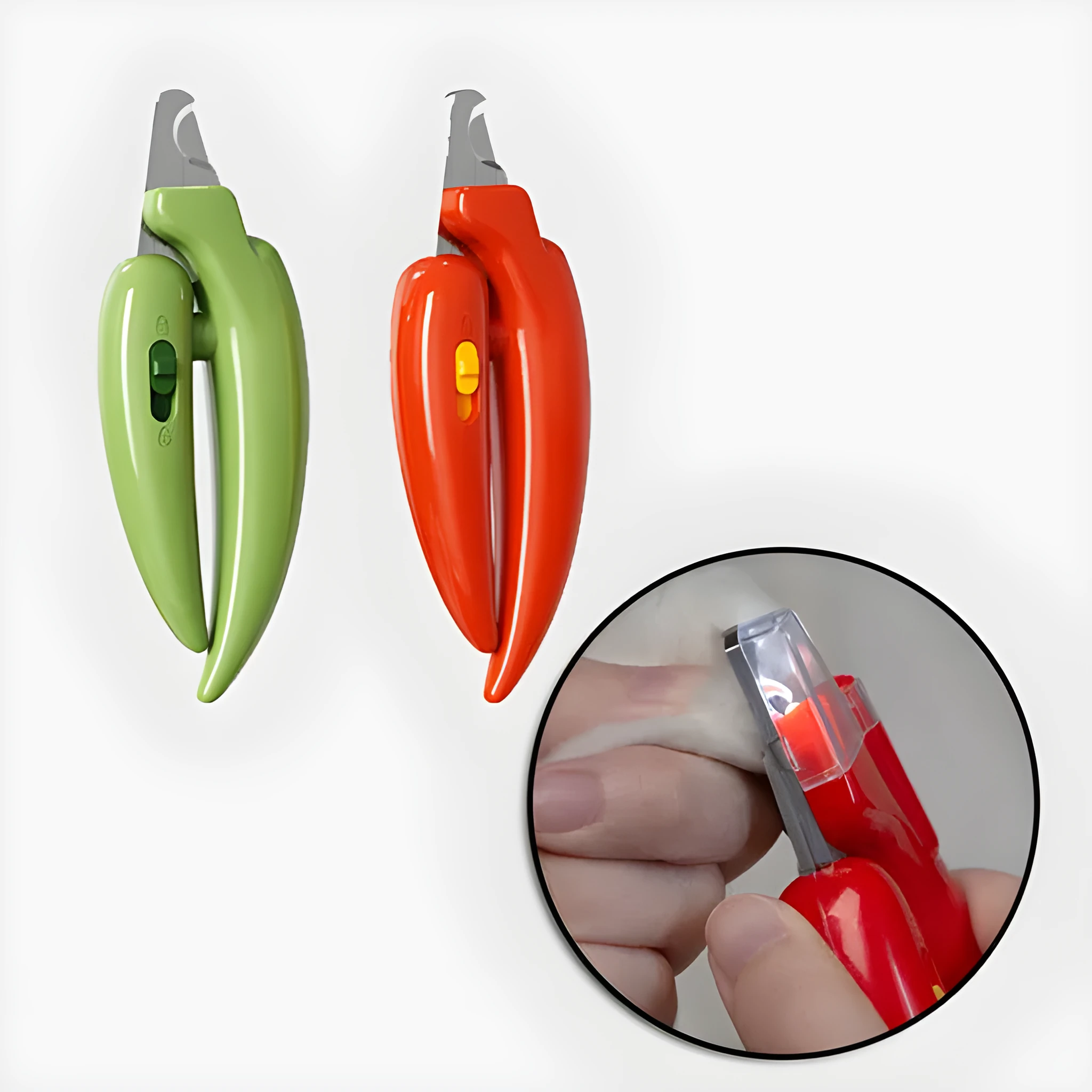 New LED blood line pet nail clippers with metal body in green, red, and yellow for cats and dogs