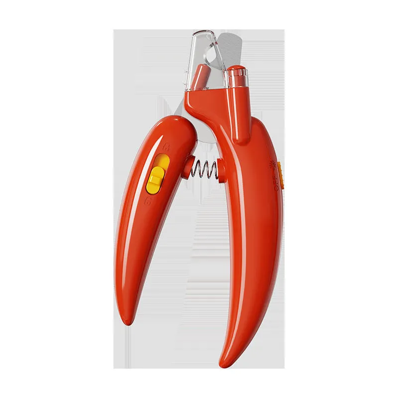 New LED blood line pet nail clippers with metal body in green, red, and yellow for cats and dogs