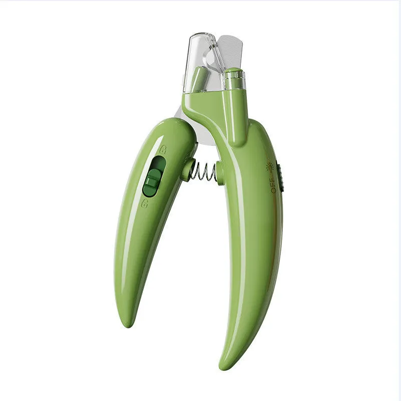 New LED blood line pet nail clippers with metal body in green, red, and yellow for cats and dogs