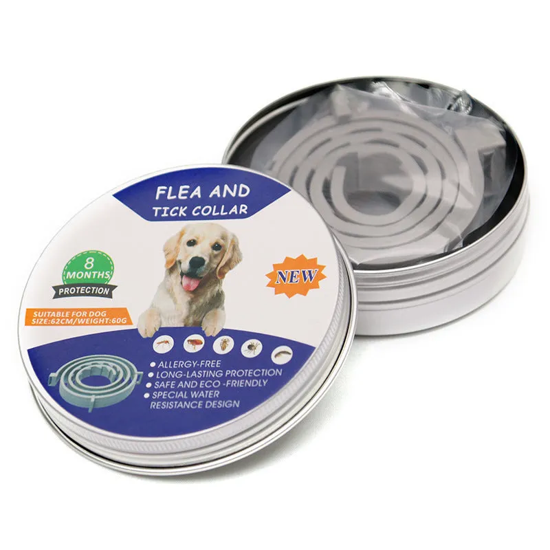Adjustable grey flea and tick collar for dogs on a white background, 62cm size