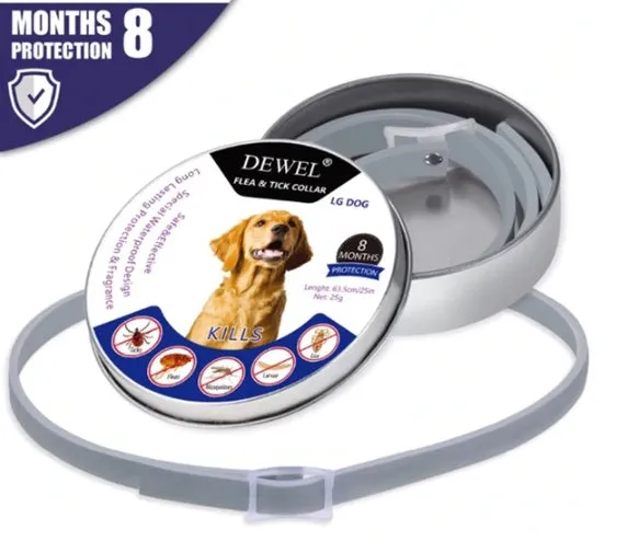 Adjustable grey flea and tick collar for dogs on a white background, 62cm size