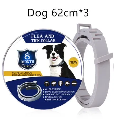 Adjustable grey flea and tick collar for dogs on a white background, 62cm size