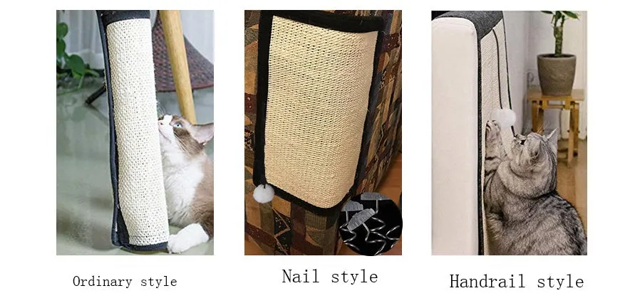 Beige cat scratch board sisal pad 40x29cm on a sofa armrest for furniture protection