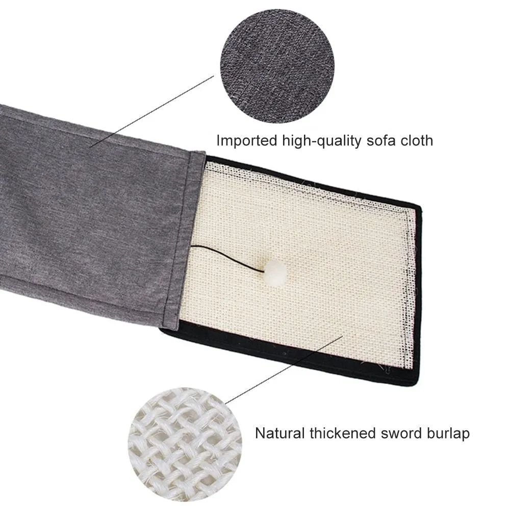 Beige cat scratch board sisal pad 40x29cm on a sofa armrest for furniture protection