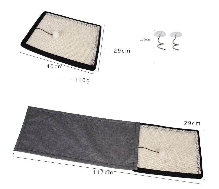Beige cat scratch board sisal pad 40x29cm on a sofa armrest for furniture protection