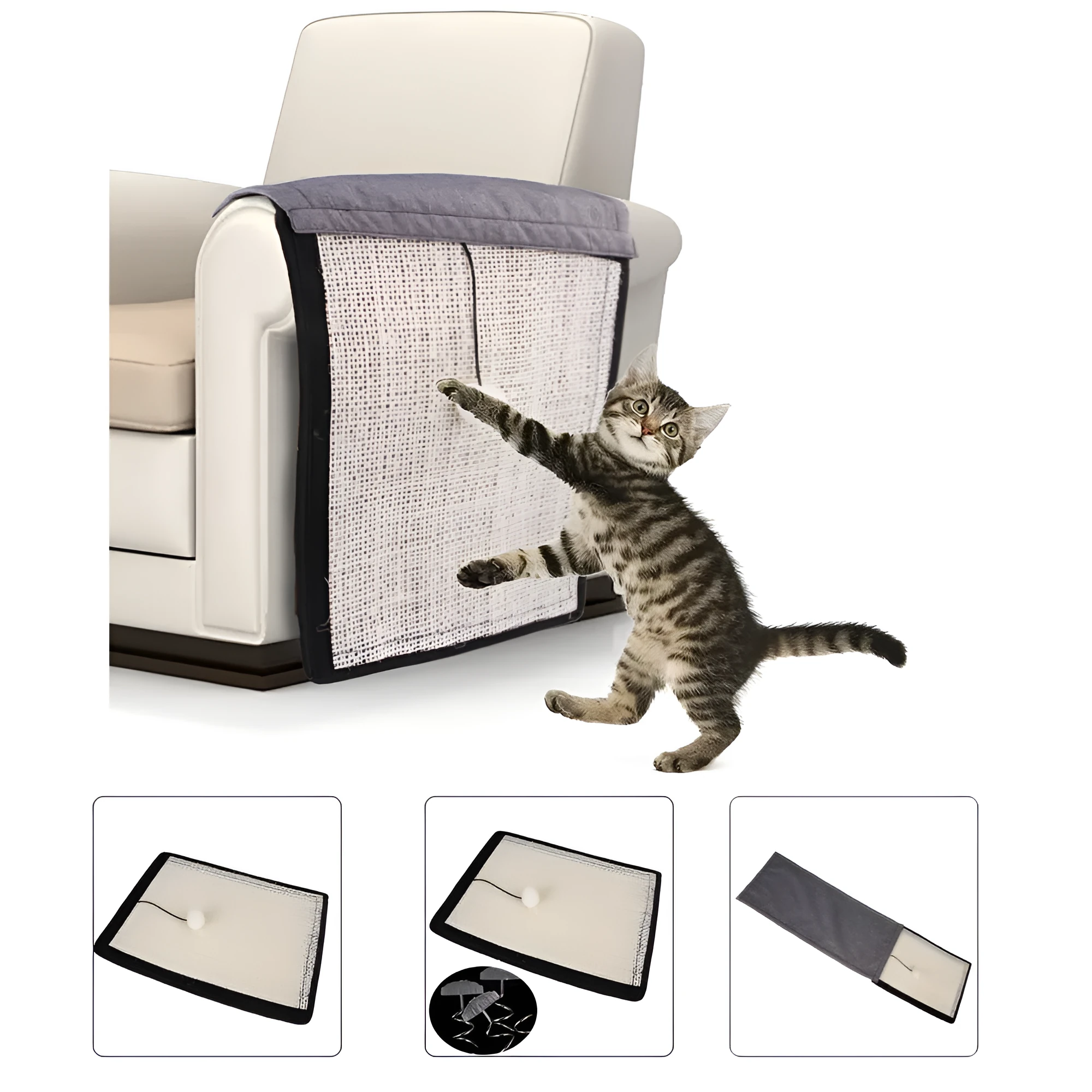 Beige cat scratch board sisal pad 40x29cm on a sofa armrest for furniture protection