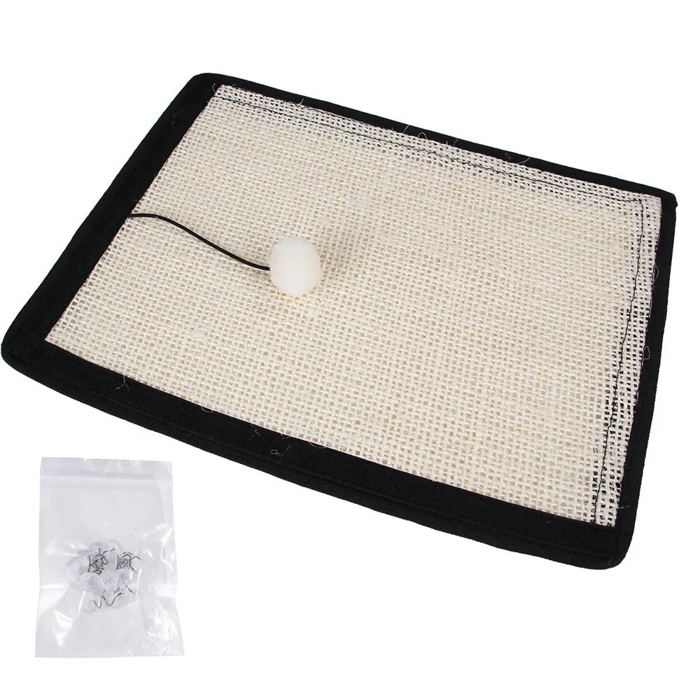Beige cat scratch board sisal pad 40x29cm on a sofa armrest for furniture protection