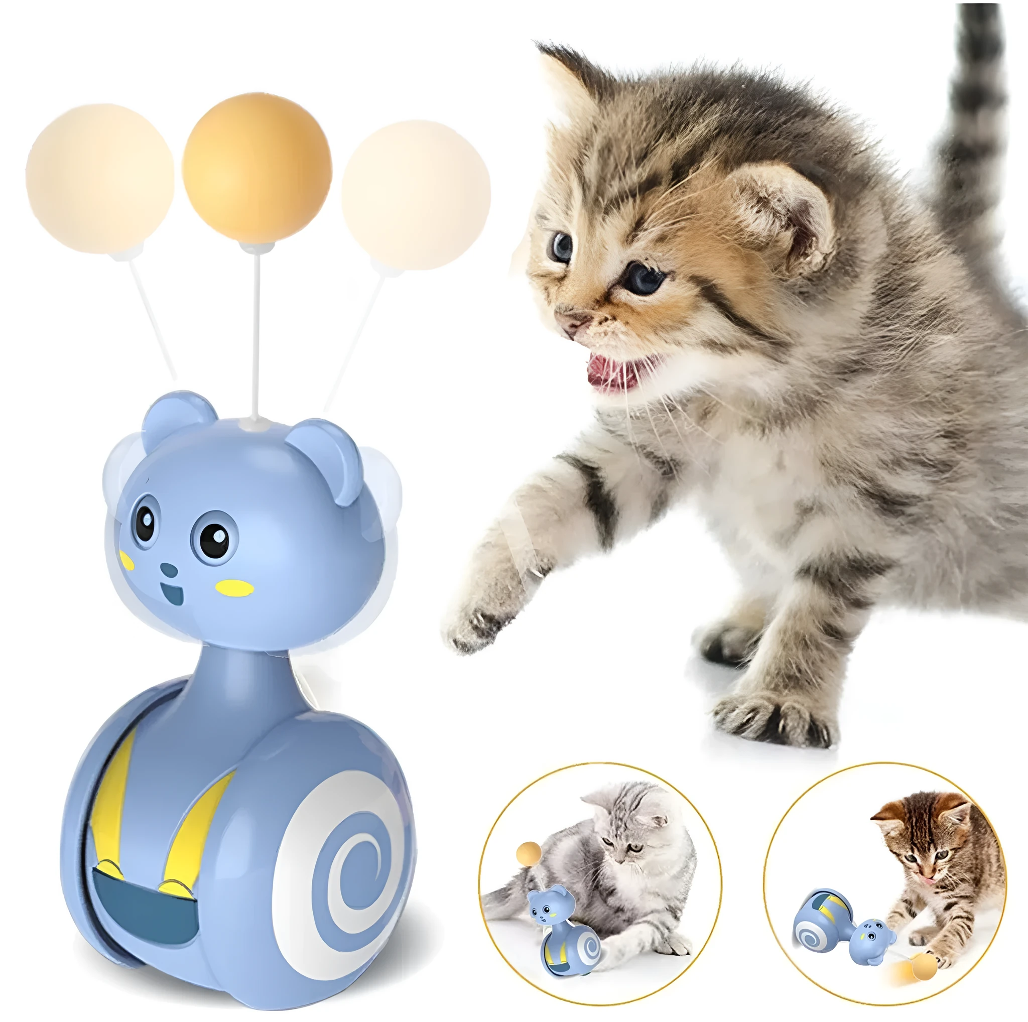 Cat interactive feather wand toy with rotating ball on plastic base in pink colour