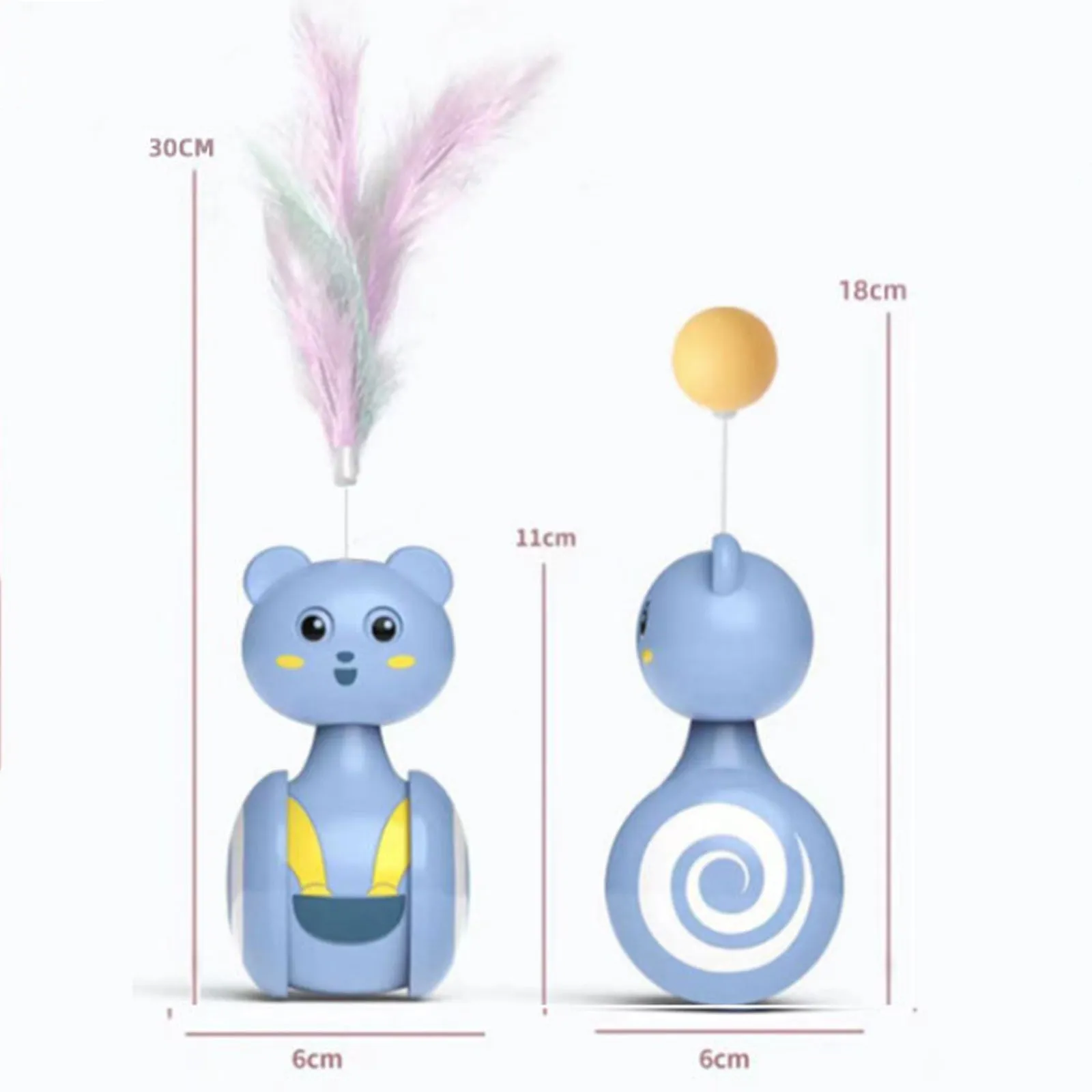 Cat interactive feather wand toy with rotating ball on plastic base in pink colour