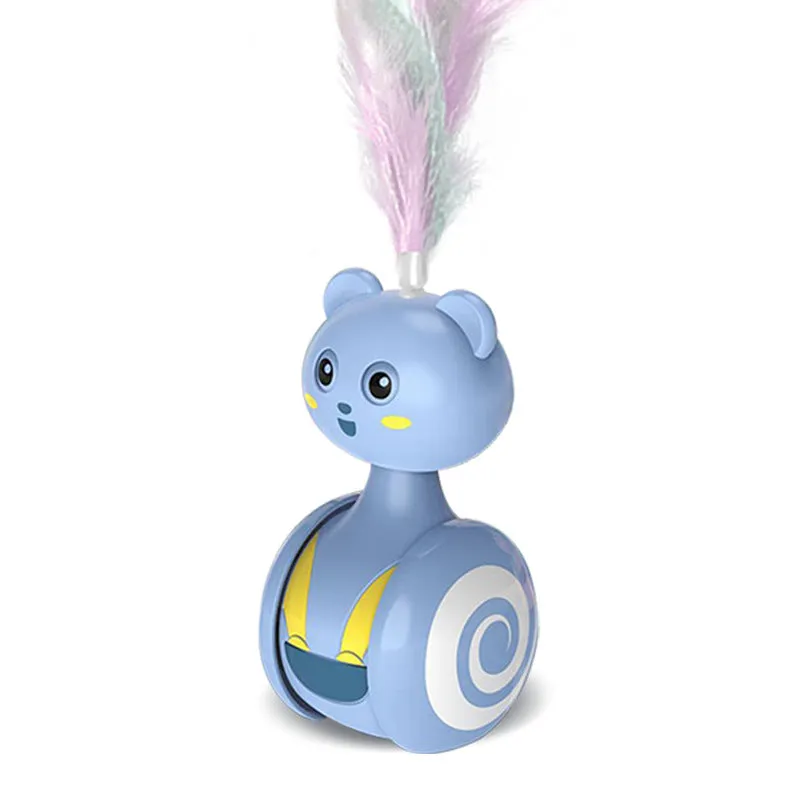 Cat interactive feather wand toy with rotating ball on plastic base in pink colour