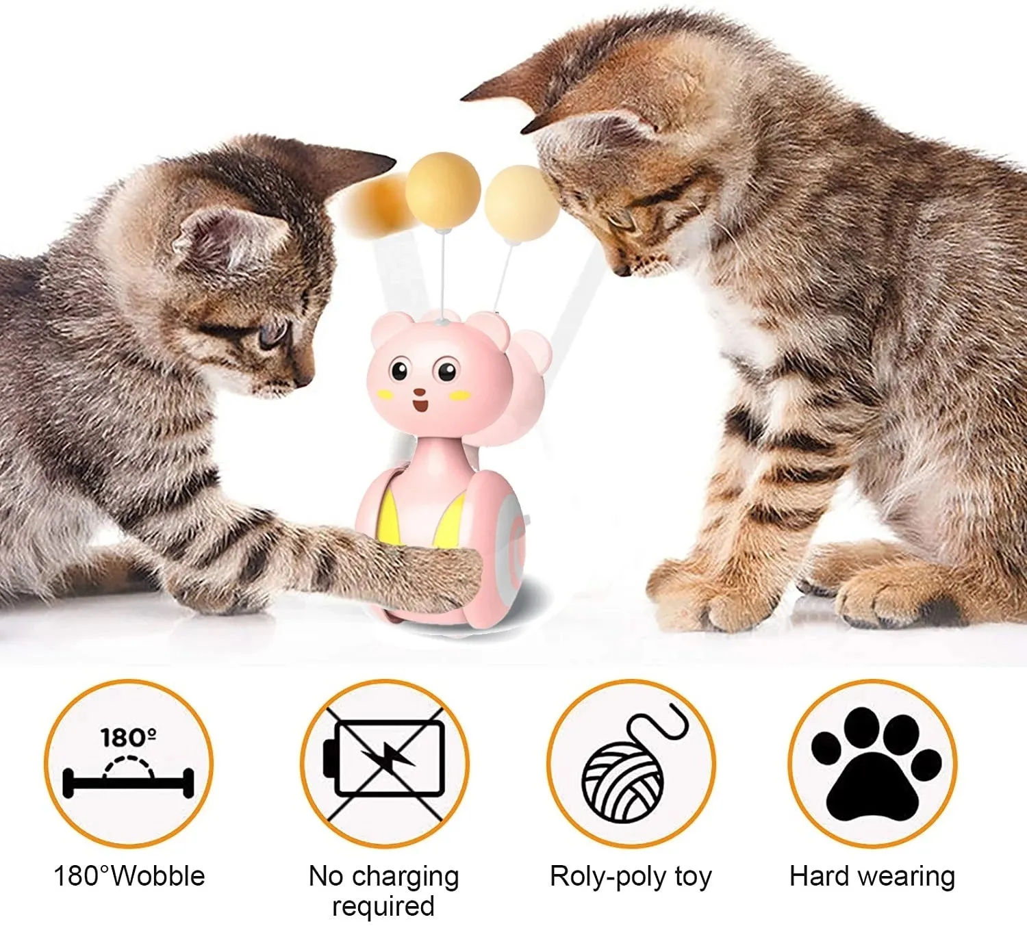 Cat interactive feather wand toy with rotating ball on plastic base in pink colour