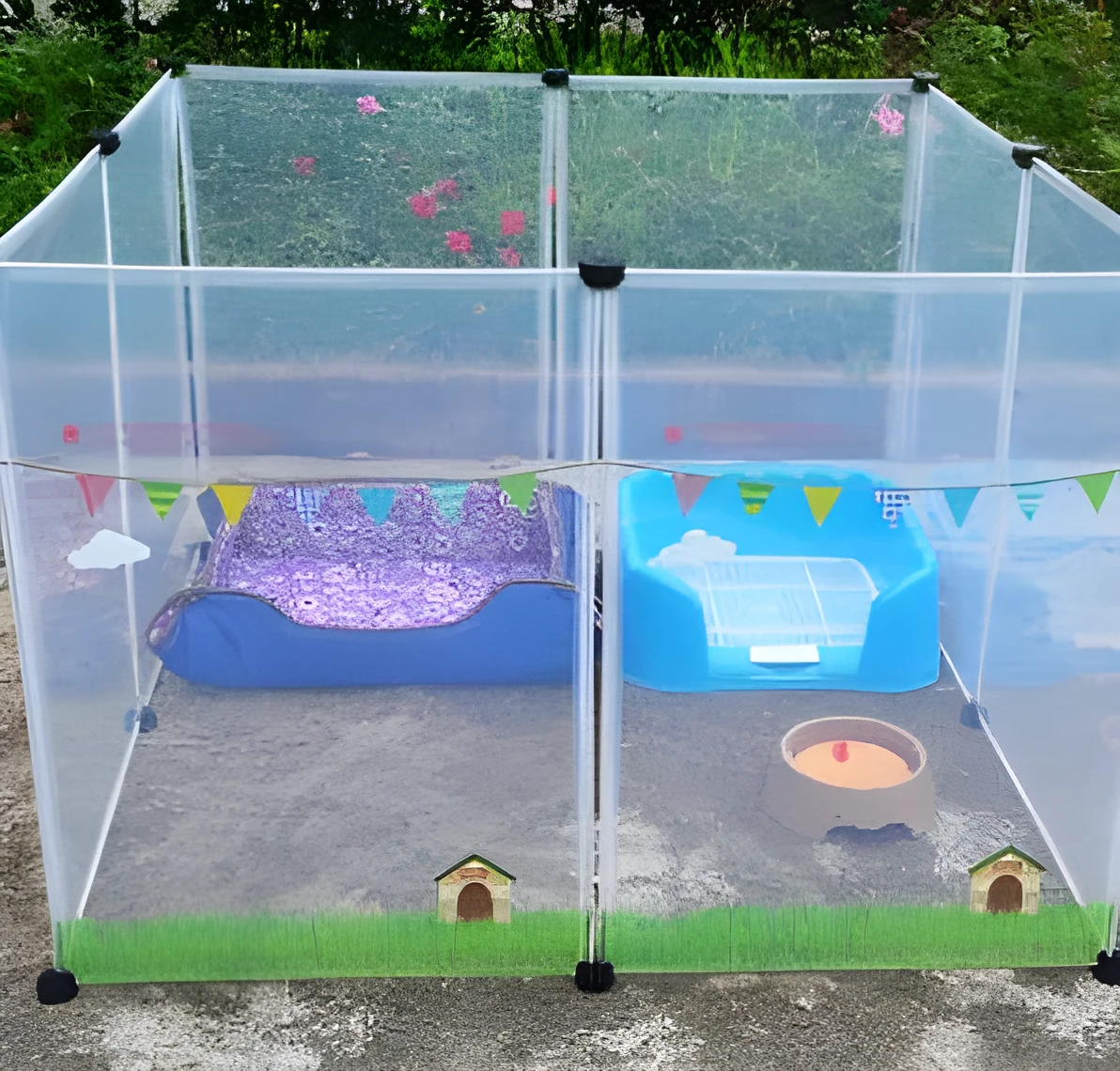 Pet transparent fence with six clear plastic panels arranged as a barrier on a wooden floor, showing interlocking connectors