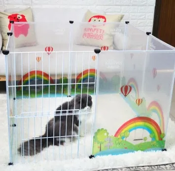 Pet transparent fence with six clear plastic panels arranged as a barrier on a wooden floor, showing interlocking connectors