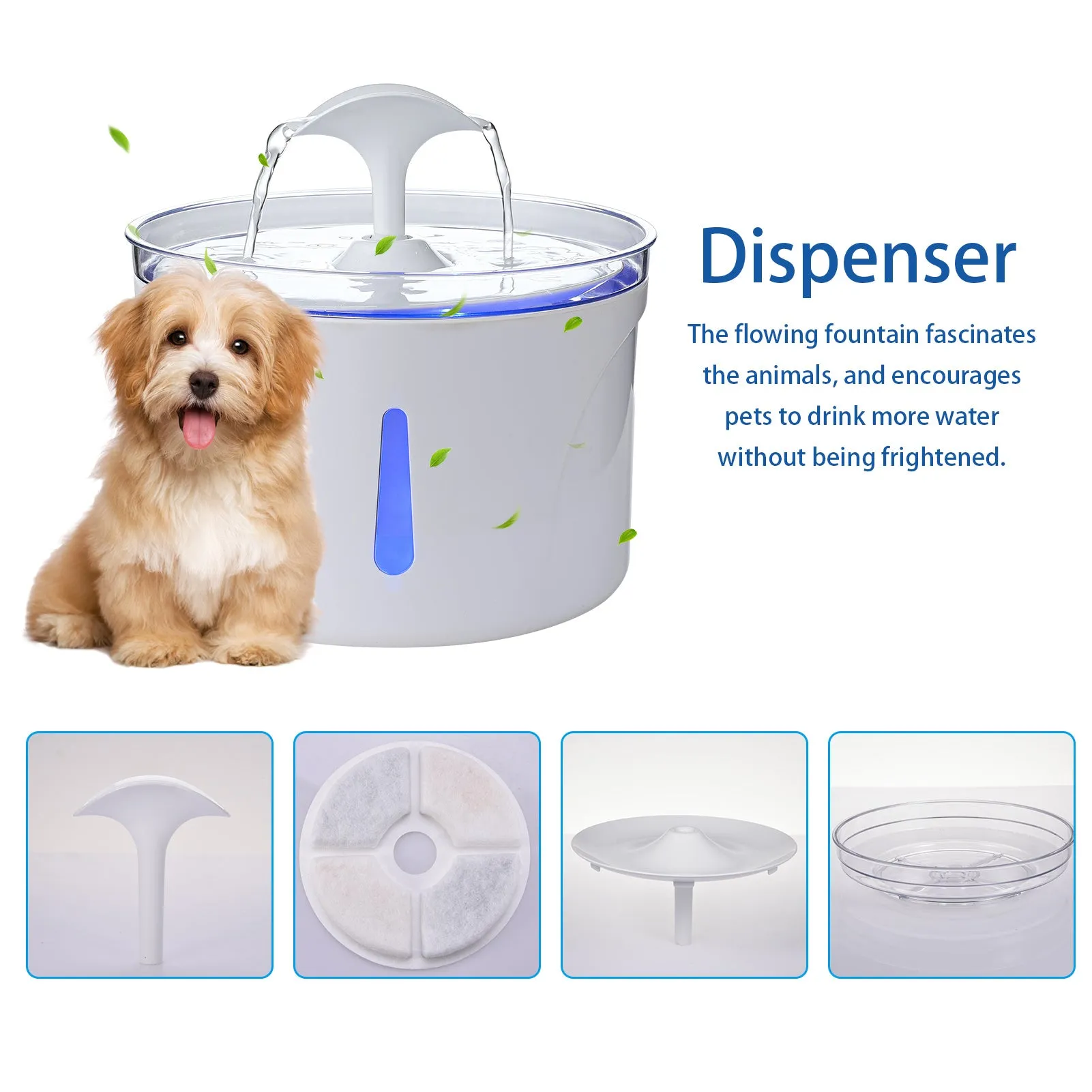 Automatic 2.5L pet water fountain for cats and dogs with LED light and USB pump