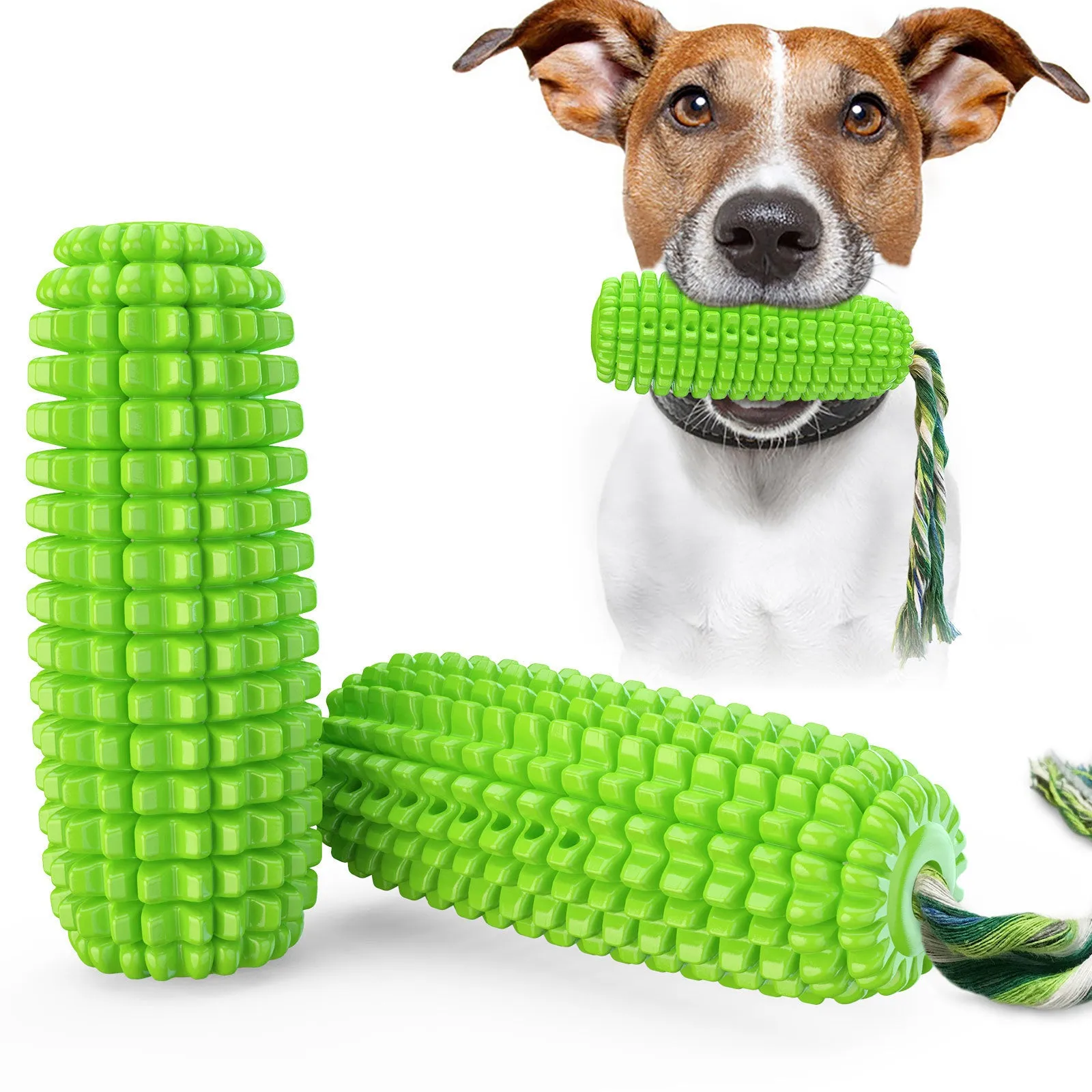Dog corn molar stick chew toy with suction cup base in plastic, 111x56mm, 120g, green and yellow style
