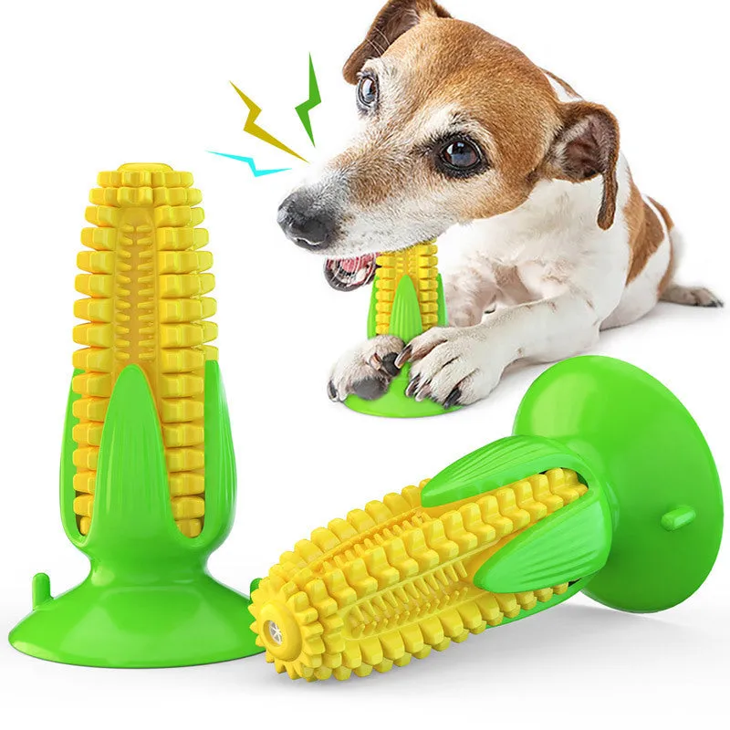Dog corn molar stick chew toy with suction cup base in plastic, 111x56mm, 120g, green and yellow style