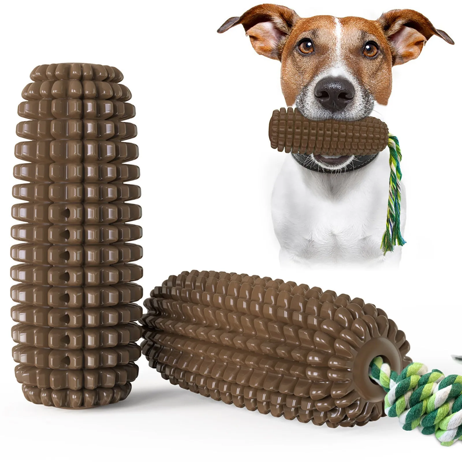 Dog corn molar stick chew toy with suction cup base in plastic, 111x56mm, 120g, green and yellow style