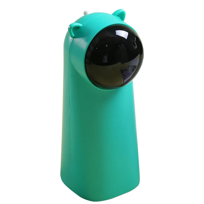 Automatic laser cat pole toy showing green with white plastic housing and LED red laser beam on floor