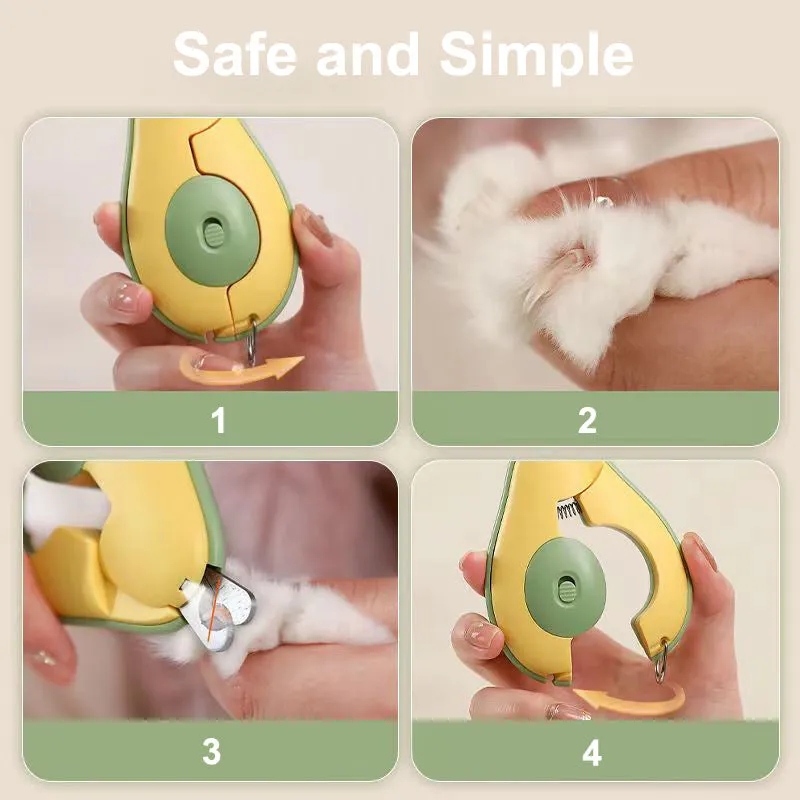Green pet nail clipper with LED light on, safety guard, and stainless steel blades for small dogs and cats.