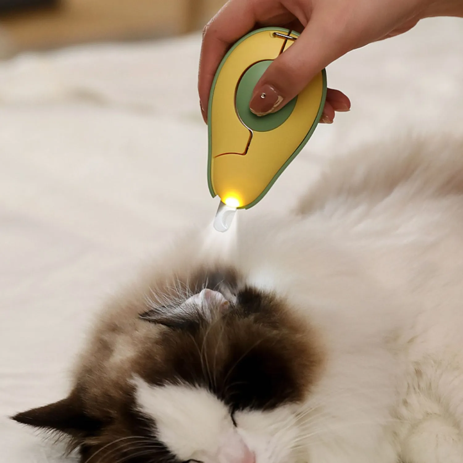 Green pet nail clipper with LED light on, safety guard, and stainless steel blades for small dogs and cats.