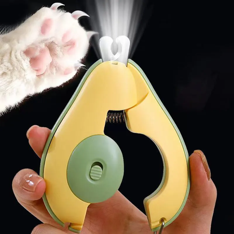 Green pet nail clipper with LED light on, safety guard, and stainless steel blades for small dogs and cats.