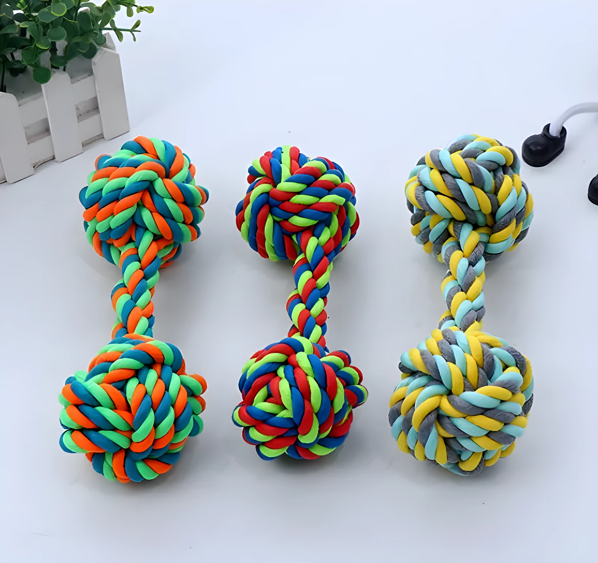 Dog cotton rope toy made from natural cotton rope for chewing and interactive play, random colour.